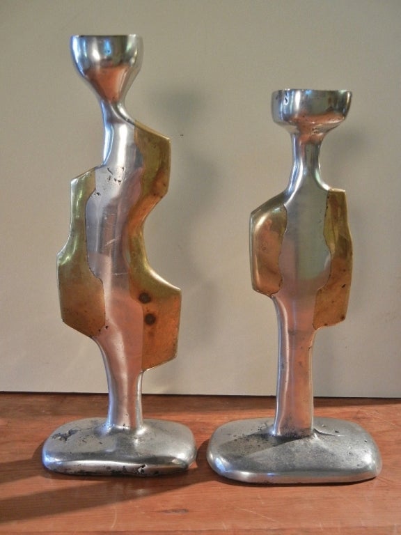 Pair of Spanish Modernist Aluminum & Bronze Candlesticks, Early 20th Century 2