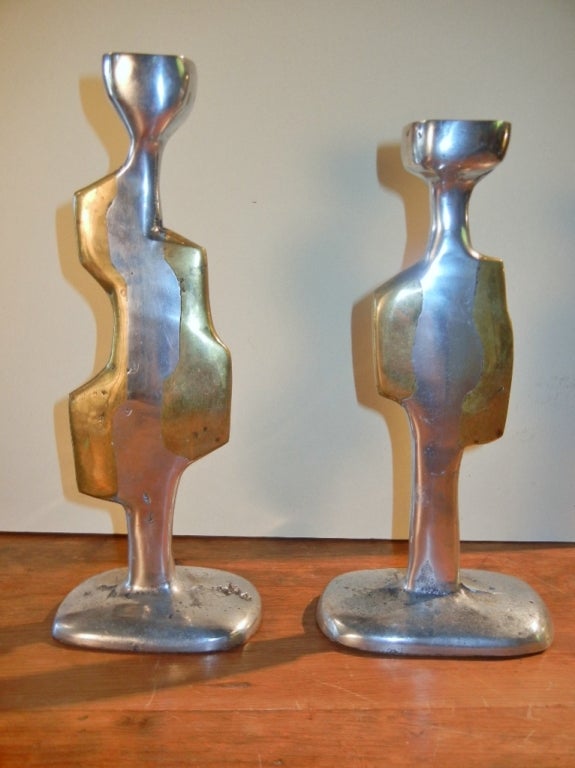 Pair of Spanish Modernist Aluminum & Bronze Candlesticks, Early 20th Century 3