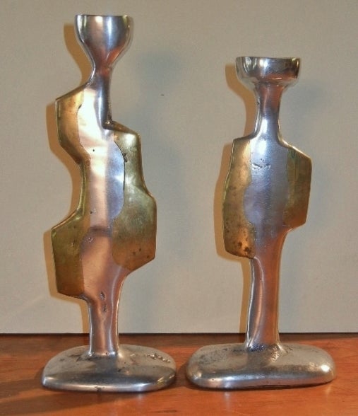Pair of Spanish Modernist Aluminum & Bronze Candlesticks, Early 20th Century 4