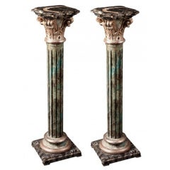 Pair of Wooden Faux-Marbre Pedestals with Corinthian Capitals