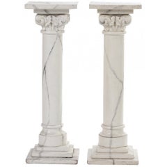 Antique Pair Low Corinthian Column Pedestals in Faux-Marbre Finish