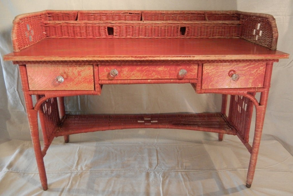 Adirondack Camp Large Red-Painted Antique Wicker Writing Desk 4