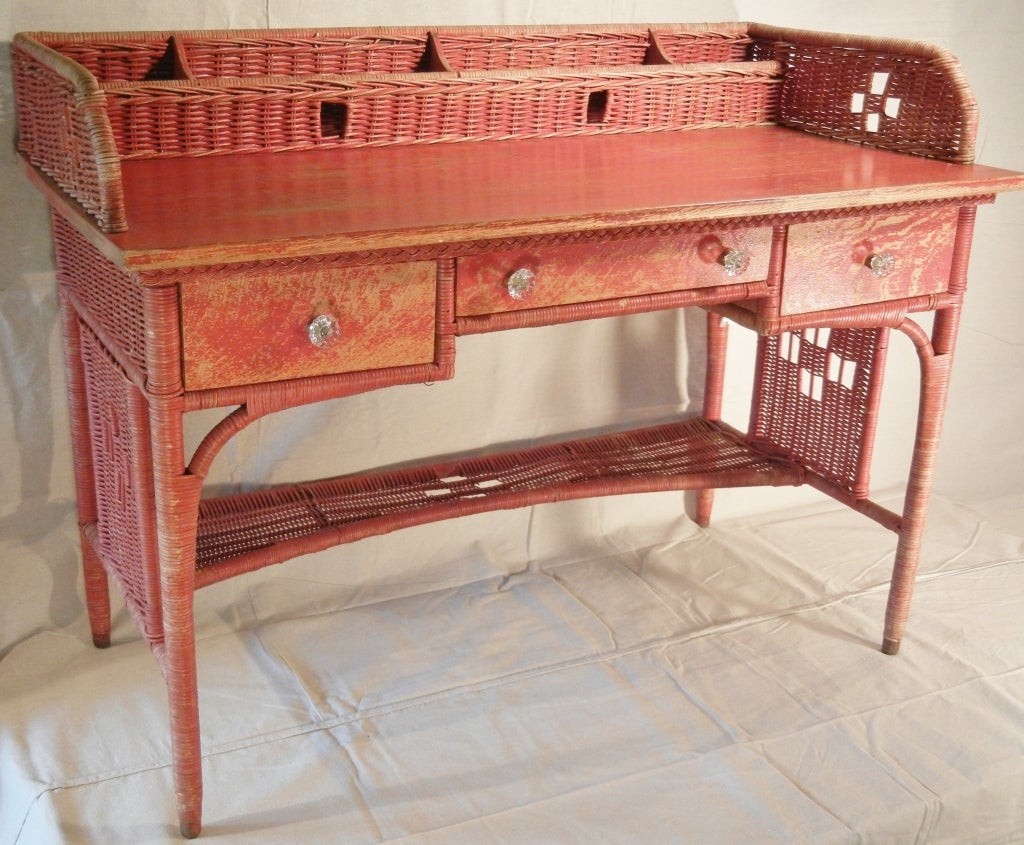 American Adirondack Camp Large Red-Painted Antique Wicker Writing Desk