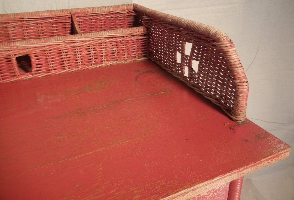 Adirondack Camp Large Red-Painted Antique Wicker Writing Desk 1