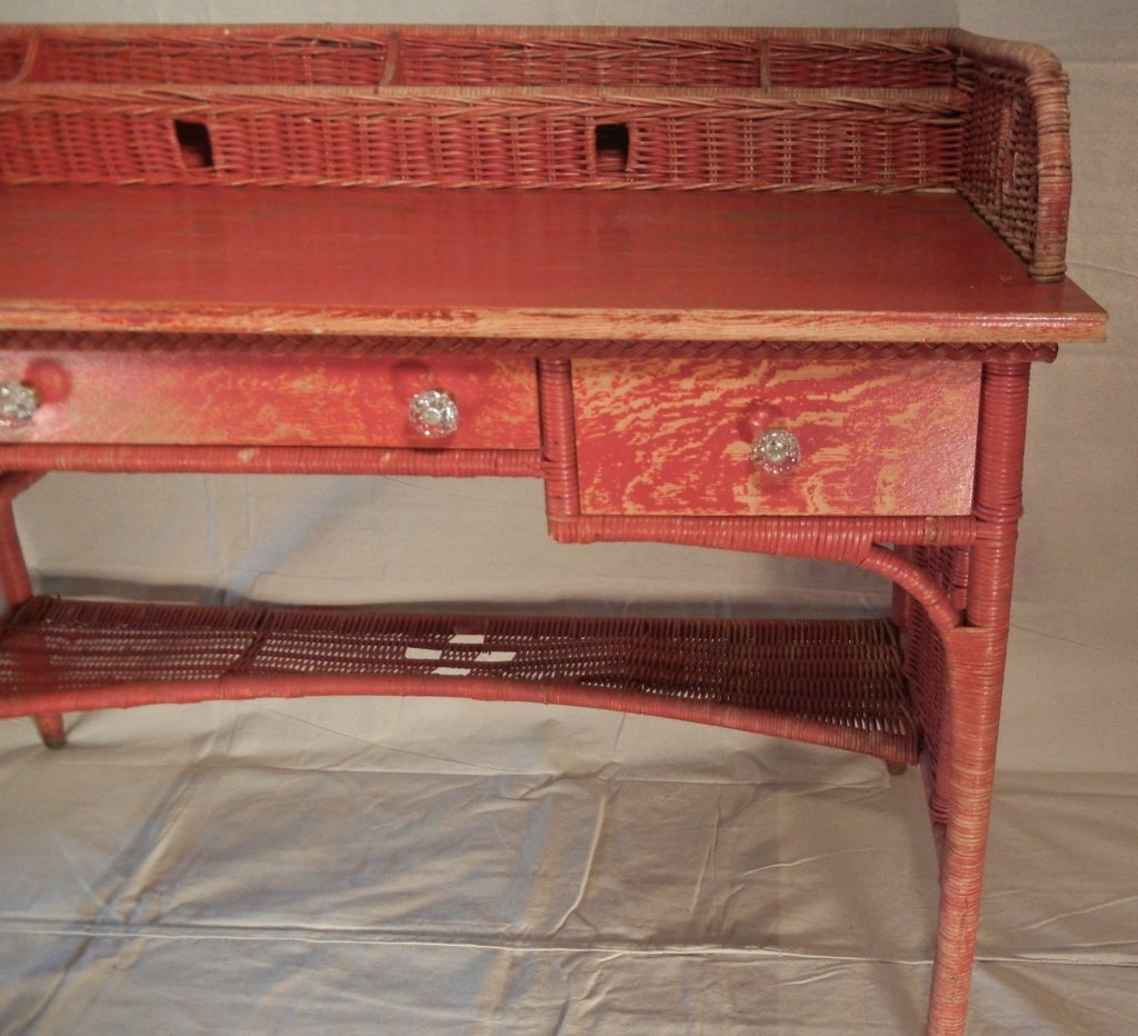 Adirondack Camp Large Red-Painted Antique Wicker Writing Desk 2