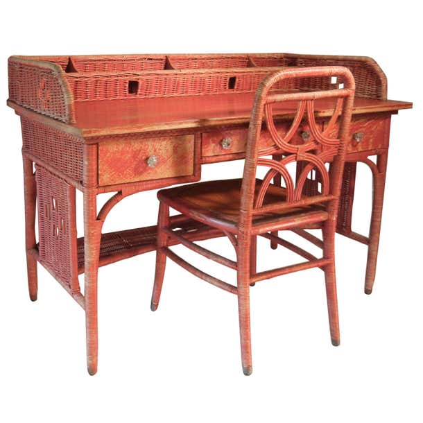 Adirondack Camp Large Red-Painted Antique Wicker Writing Desk at ...