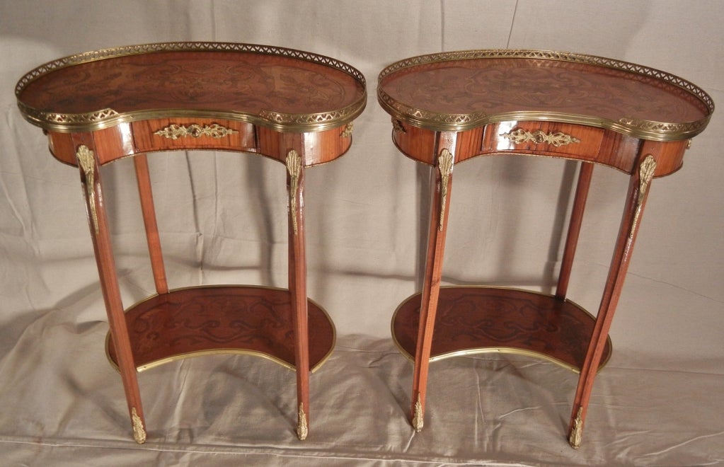 Pair of Louis XV style haricot, or kidney-shaped, side tables, each with cabriole legs, a lower shelf, one drawer, brass galleries around the top and the lower shelf, and brass mounts on the legs, feet and drawer. These tables are in the spirit of