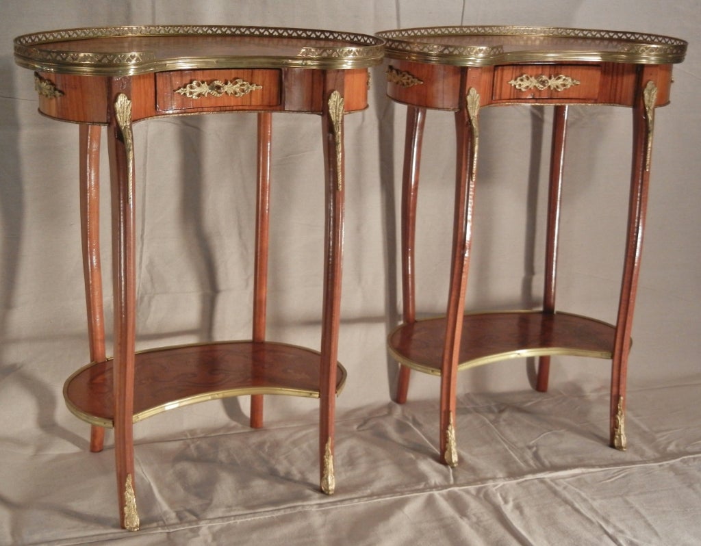 French Pair Louis XV Style Haricot Tables With  Marquetry, Brass Mounts