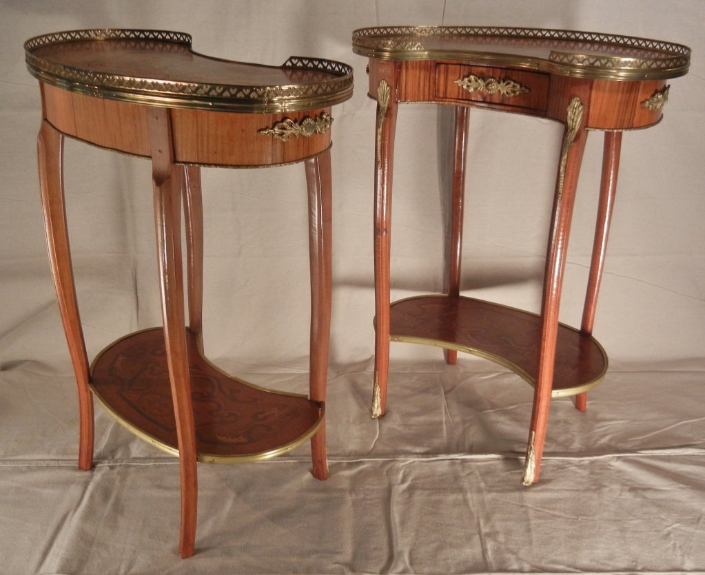 Pair Louis XV Style Haricot Tables With  Marquetry, Brass Mounts In Good Condition In Quechee, VT