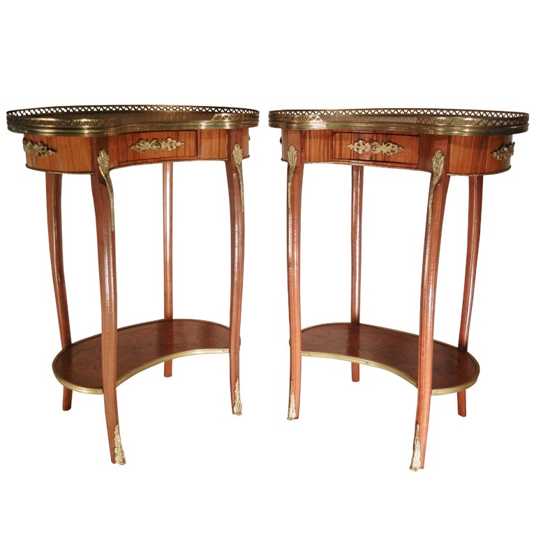 Pair Louis XV Style Haricot Tables With  Marquetry, Brass Mounts