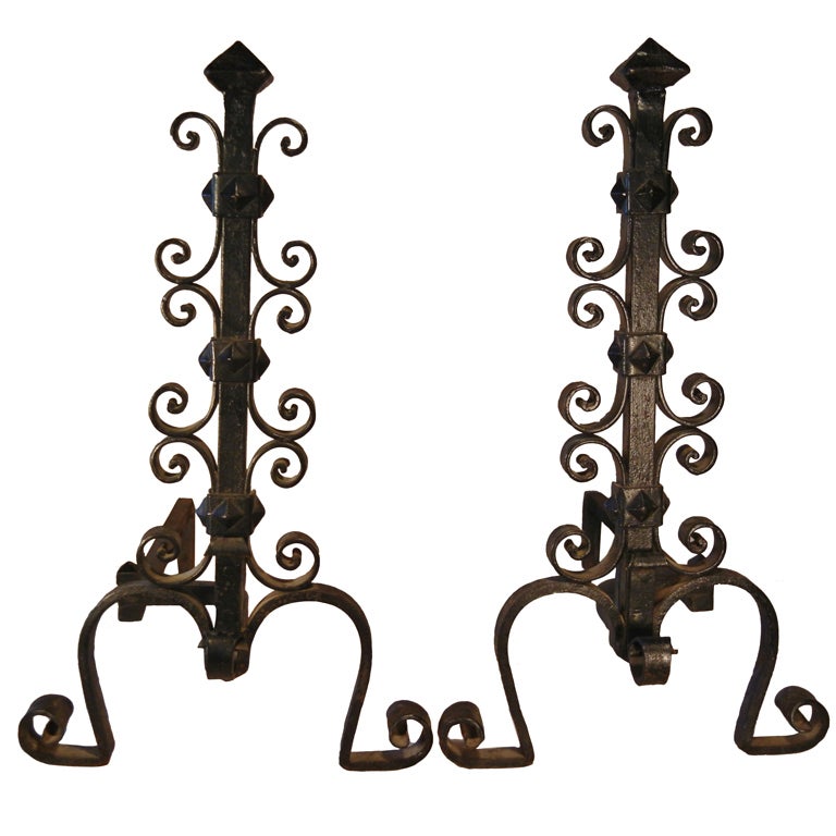 Arts & Crafts Period Large Forged Iron Bungalow or Camp Andirons