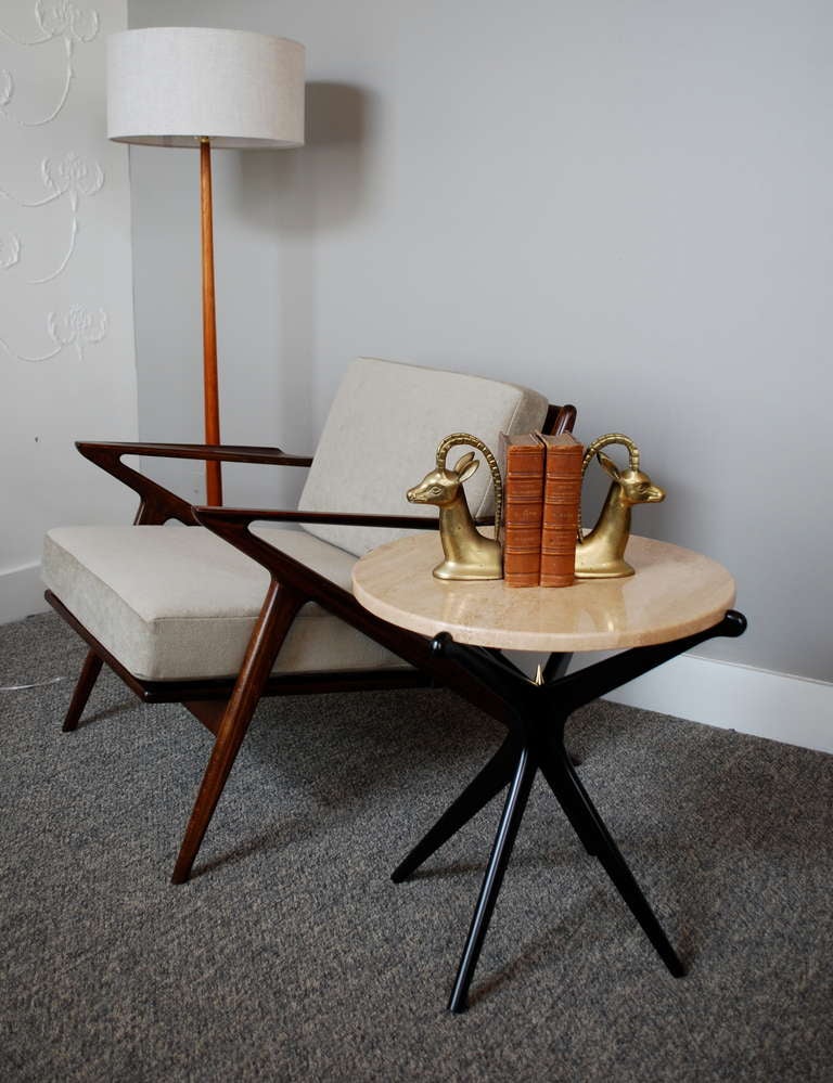 Pair of Danish Modern labeled lounge chairs designed by Poul Jensen for Selig. Teak wood frames have been newly refinished in a dark walnut tone with a satin finish. Also newly upholstered in fine light beige / grey velvet.