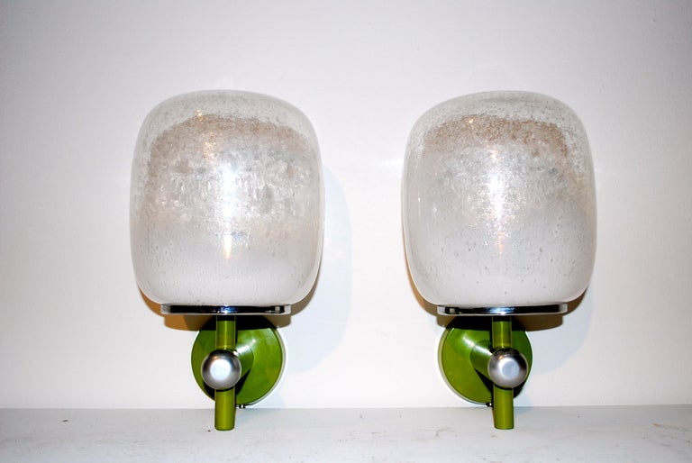 Pelegoso handblown glass shades. Acid green arms with chrome fittings. Excellent condition.
