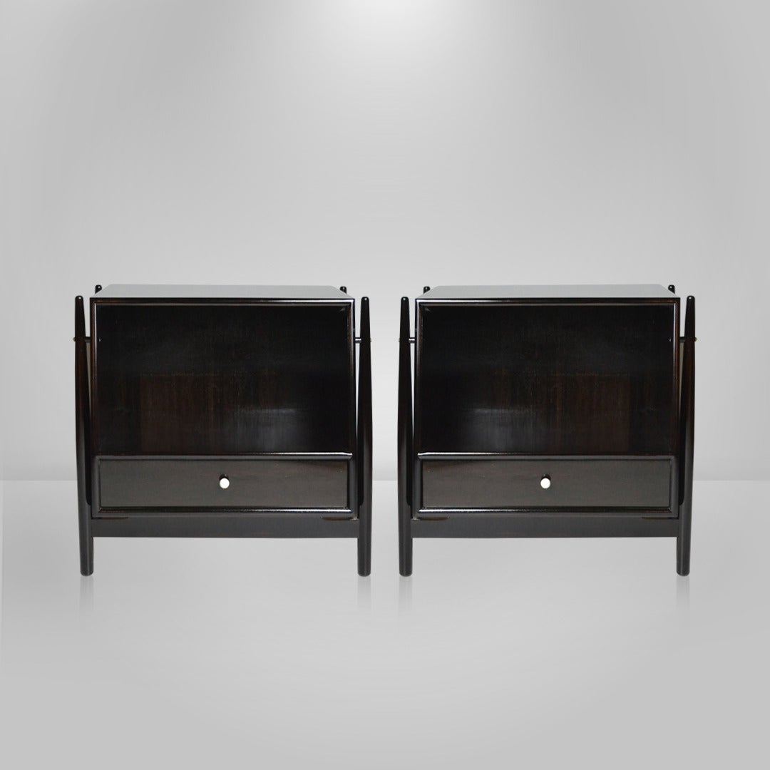 Pair of Mid-Century Modern nightstands designed by Kipp Stewart for Drexel. Newly refinished in dark chocolate and in mint condition.