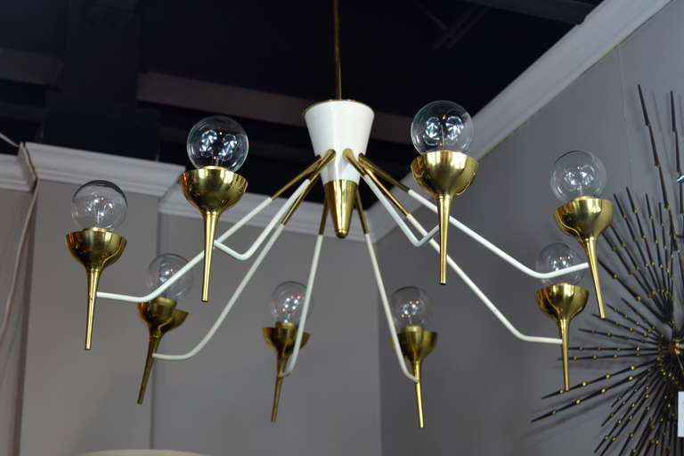 Brass and White Enamel Italian Chandelier, 1970s