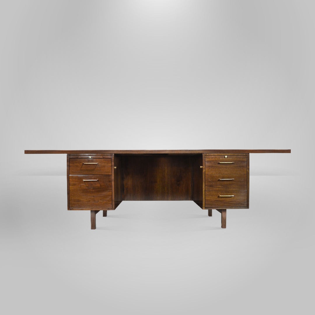 Grand scale Mid-Century Modern demilune desk with brass hardware designed by Jens Risom. Newly refinished.