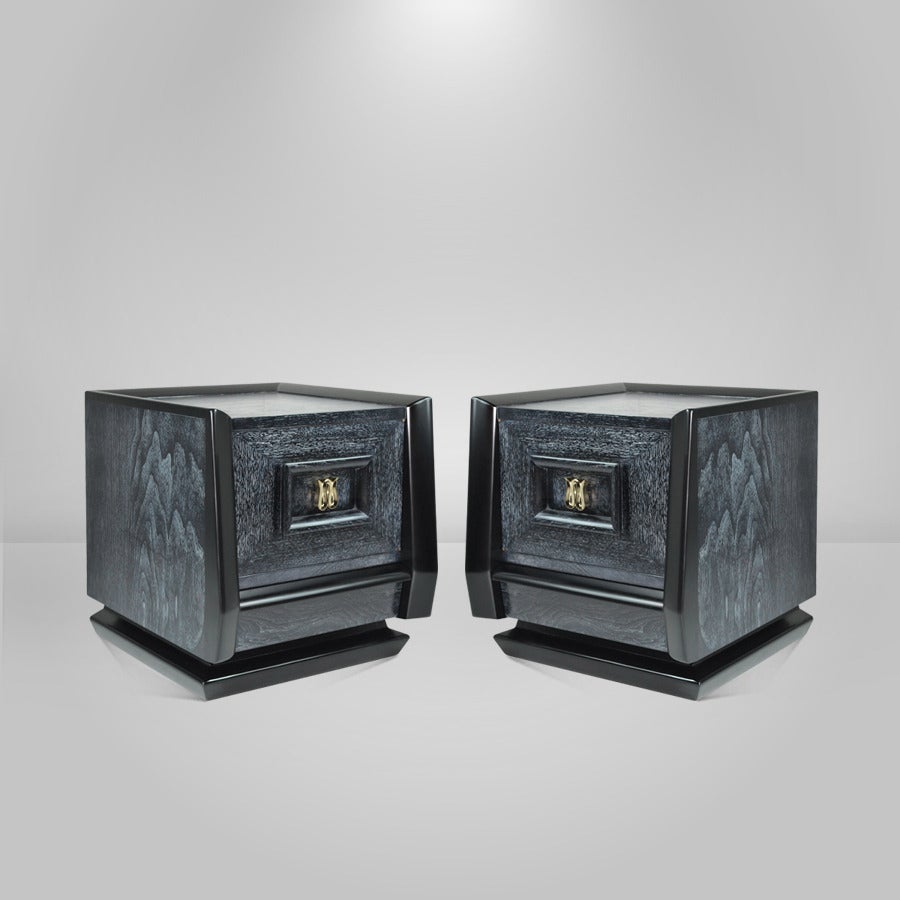 Pair of nightstands newly refinished in black ceruse. Featuring a newly brass-plated 