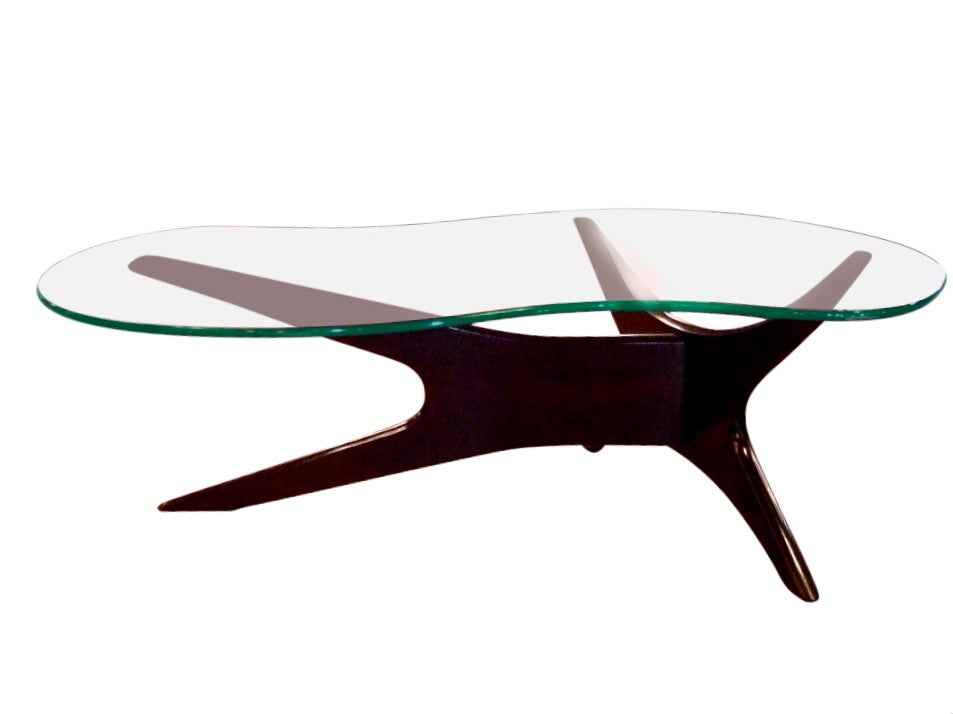 Tri-legged sculptural coffee table by design A. Pearsall - striking, artful presence, reminiscent of Vladimir Kagan's work. Newly refinished in a deep dark chocolate tone with new bio-morphic shaped glass top.
