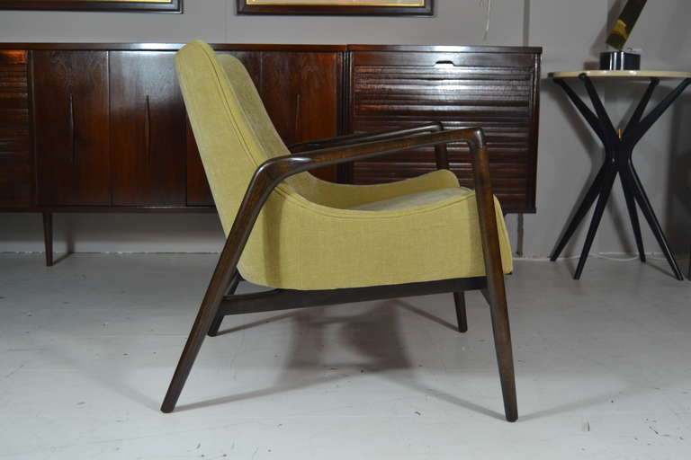 Pair of Selig chairs designed by Ib Kofod-Larsen. Newly refinsihed and upholstered.