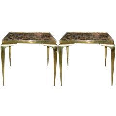 Pair of Beige Tile and Brass Italian Side/End Tables