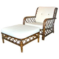 Tortoise Shell Lacquered Chair and Ottoman by Ficks Reed