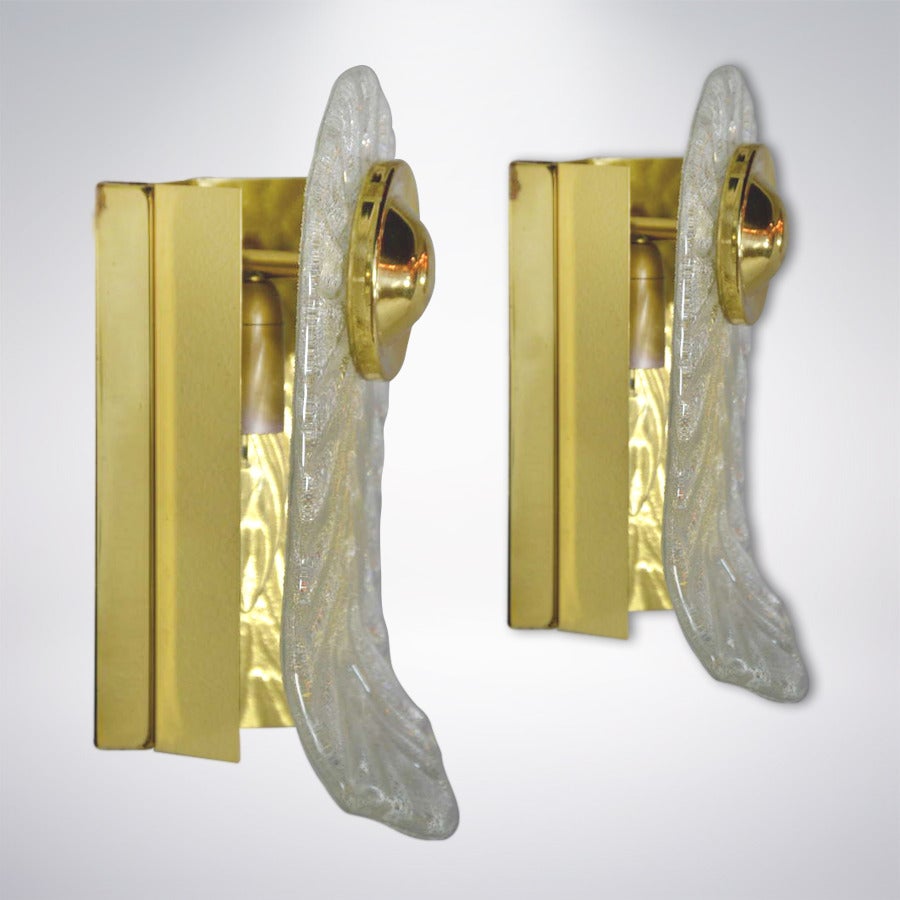 Mid-Century Modern Pair of Murano Glass and Brass Sconces
