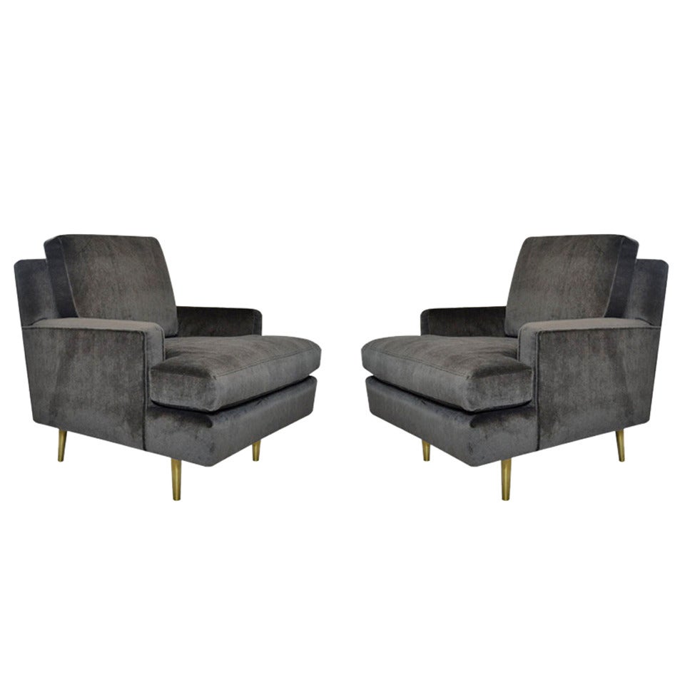 Pair of Edward Wormley for Dunbar Lounge Chairs Model #4872 on Brass Legs