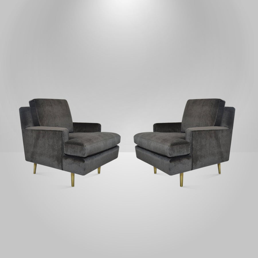 Mid-Century Modern Pair of Edward Wormley for Dunbar Lounge Chairs Model #4872 on Brass Legs
