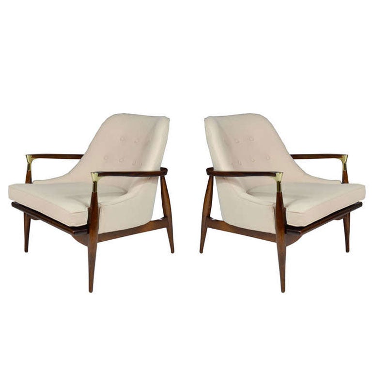 Ib Kofod-Larsen Brass Accented Danish Modern Lounge Chairs