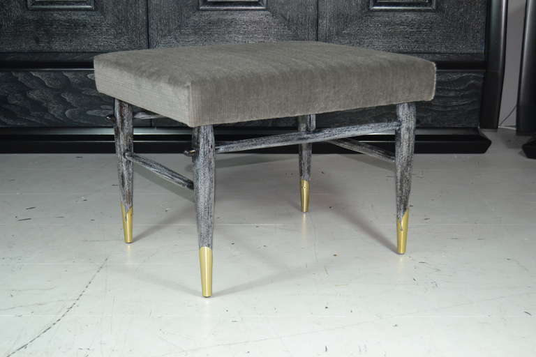 Handsome pair of Mid-Century Modern benches or stools newly cerused and re-upholstered in grey mohair.