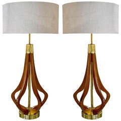Pair of Sculptural Brass 
Walnut Table Lamps