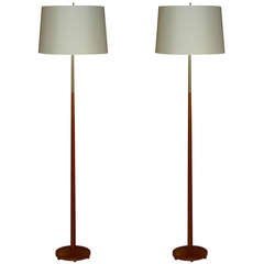 Pair of Modern Brass and Teak Floor Lamps