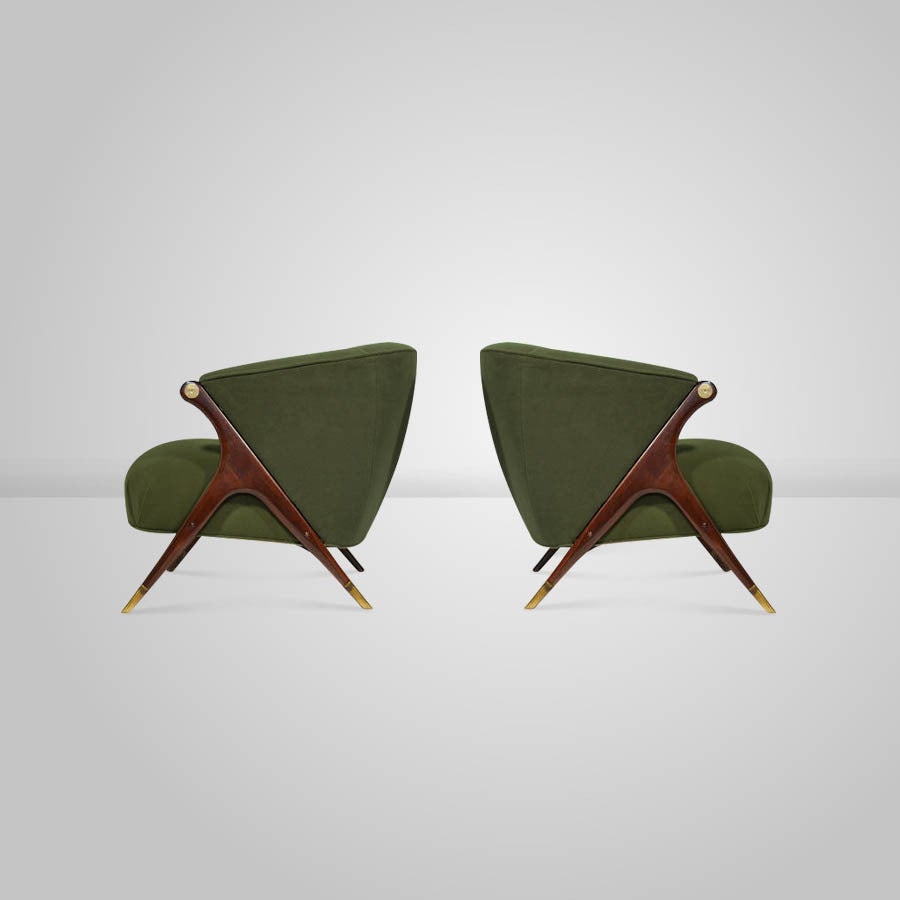 Brass Pair of Modernist Karpen Lounge Chairs, circa 1950s