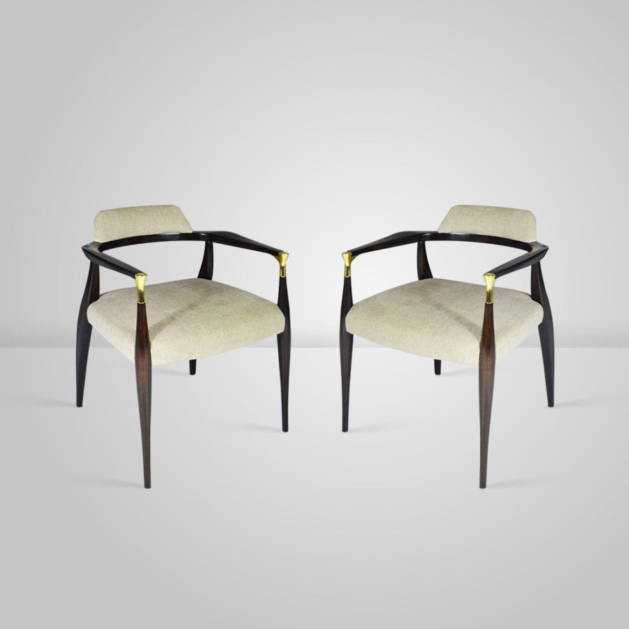 Mid-Century Modern Pair of Sculptural Armchairs with Brass Details, Denmark, 1955