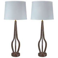 Limed Walnut and Brass Table Lamps in the Manner of Vladimir Kagan