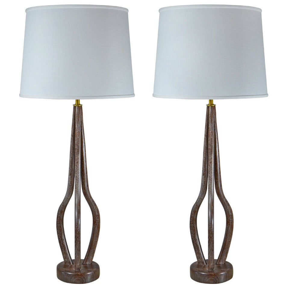 Limed Walnut and Brass Table Lamps in the Manner of Vladimir Kagan