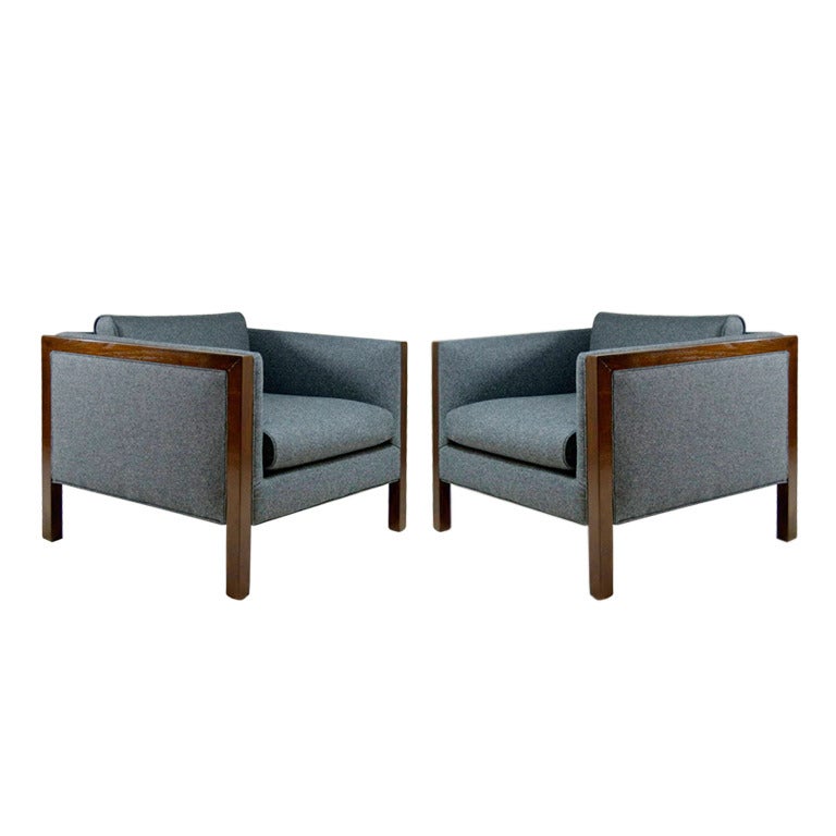 Pair of Cube Walnut Frame Lounge Chairs 