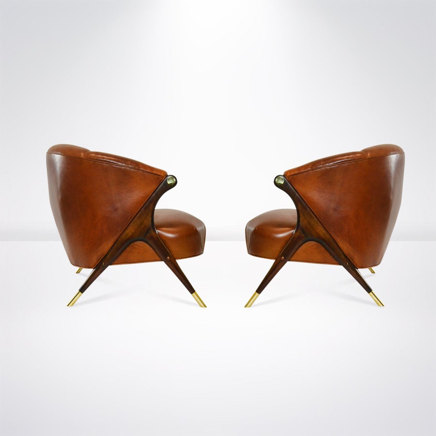 20th Century Modernist Karpen Lounge Chairs in Cognac Leather, circa 1950s