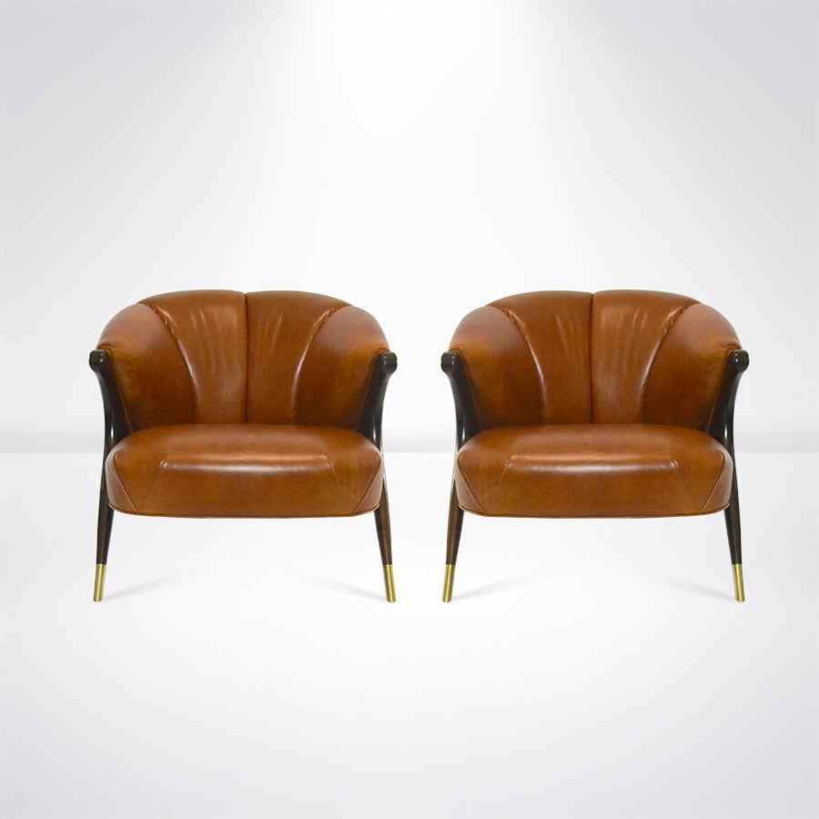 Mid-Century Modern Modernist Karpen Lounge Chairs in Cognac Leather, circa 1950s