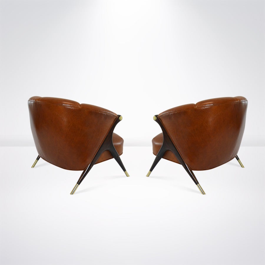 American Modernist Karpen Lounge Chairs in Cognac Leather, circa 1950s