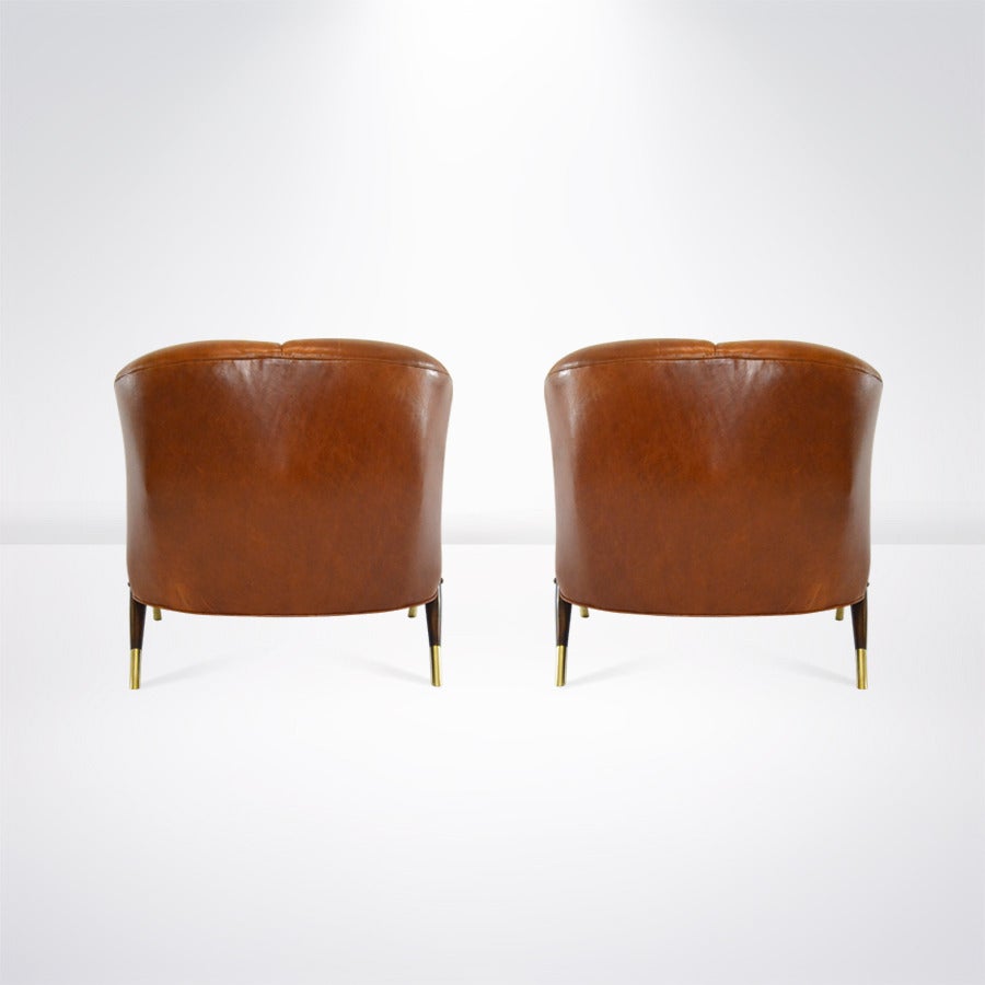 Brass Modernist Karpen Lounge Chairs in Cognac Leather, circa 1950s