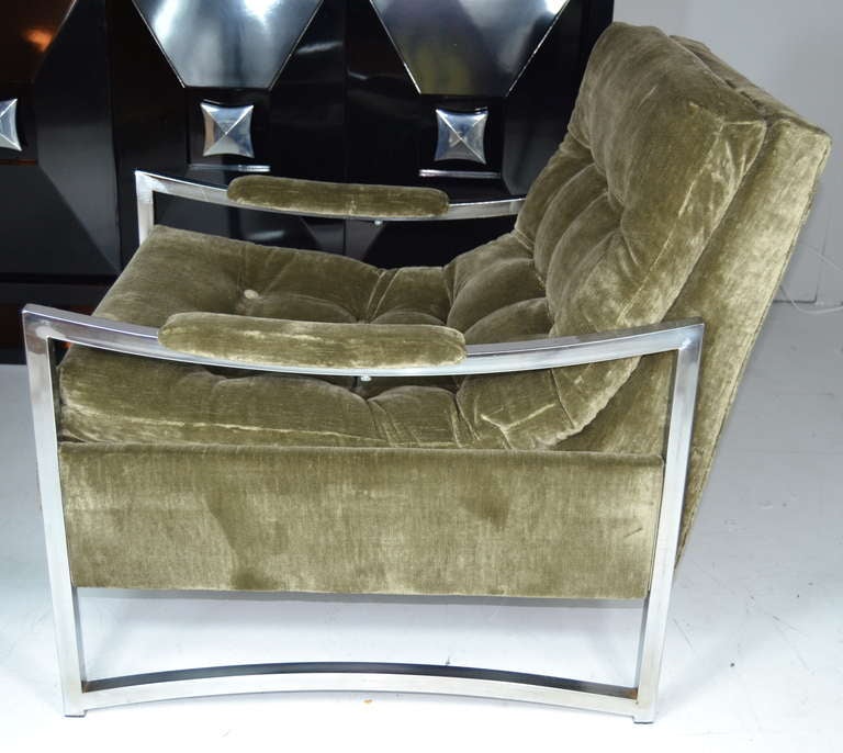 Chrome Pair of Mohair Lounge Chairs after Milo Baughman