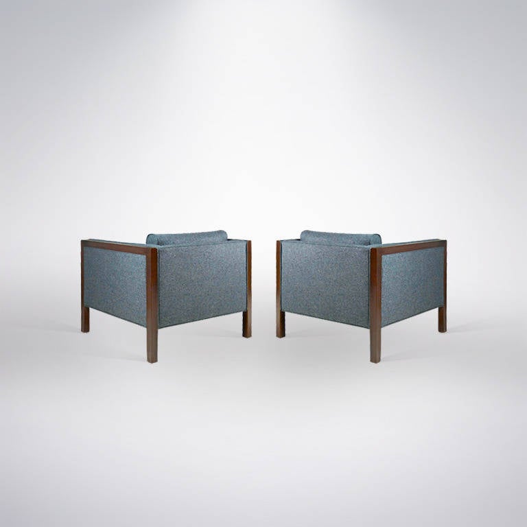 Mid-Century Modern Pair of Cube Walnut Frame Lounge Chairs 