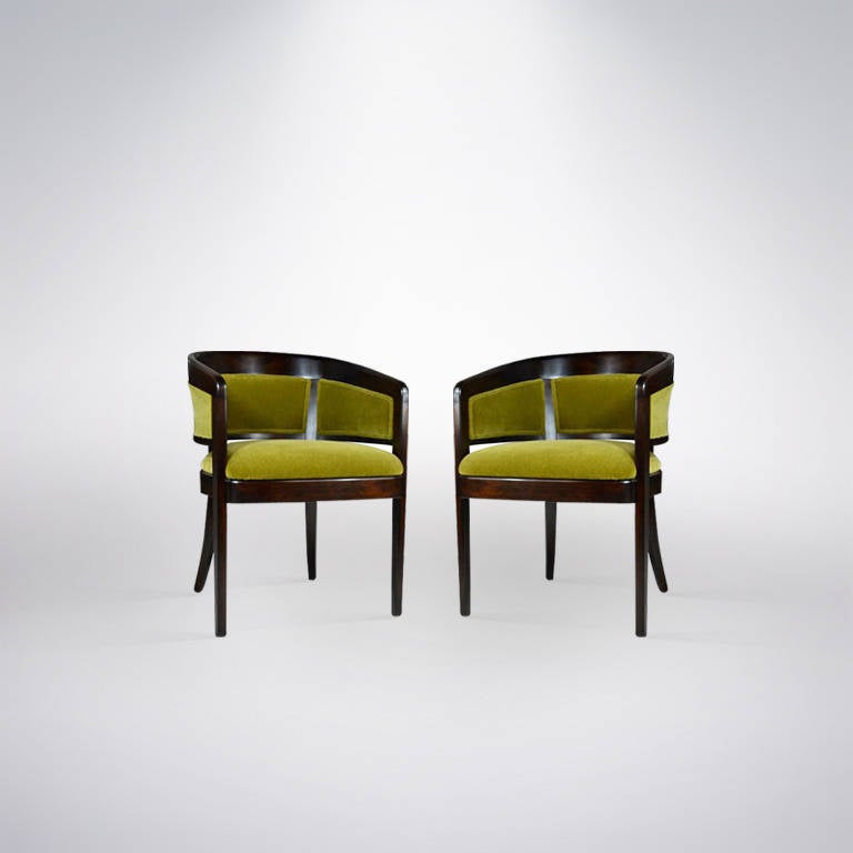 Pair of chairs designed by Edward Wormley and manufactured by Drexel, circa 1960s. Newly refinished in a dark walnut tone with a French polished finish. Also newly upholstered in a fantastic chartreuse mohair.