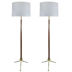 Pair of Brass and Walnut Floor Lamps by Gerald Thurston