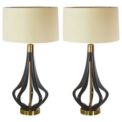 Pair of Sculpted Walnut 
Brass Table Lamps