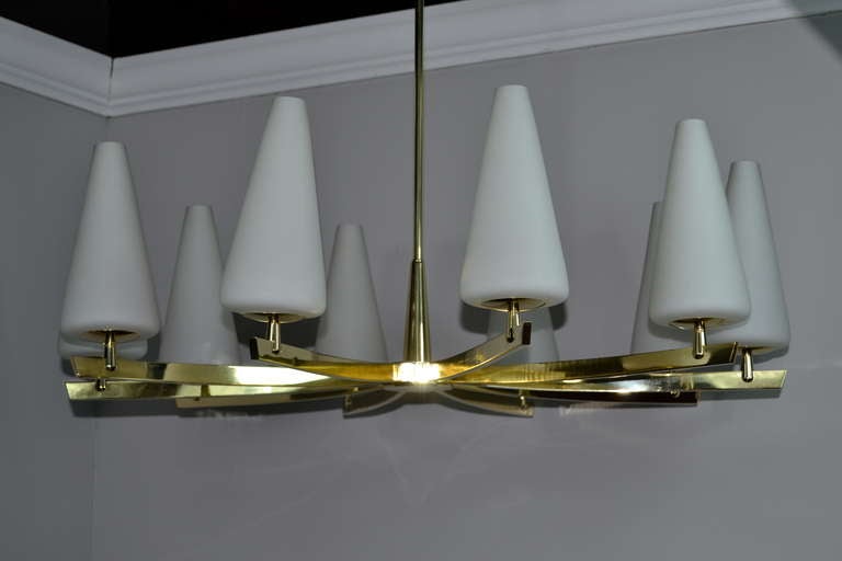 Italian Brass and Frosted Glass Chandelier 2