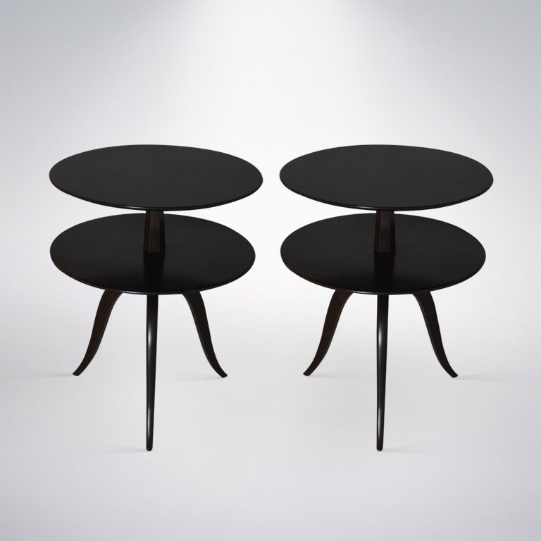 Pair of stylish tiered side tables designed by Paul Frankl for Brown Saltman. Newly refinished in dark chocolate.