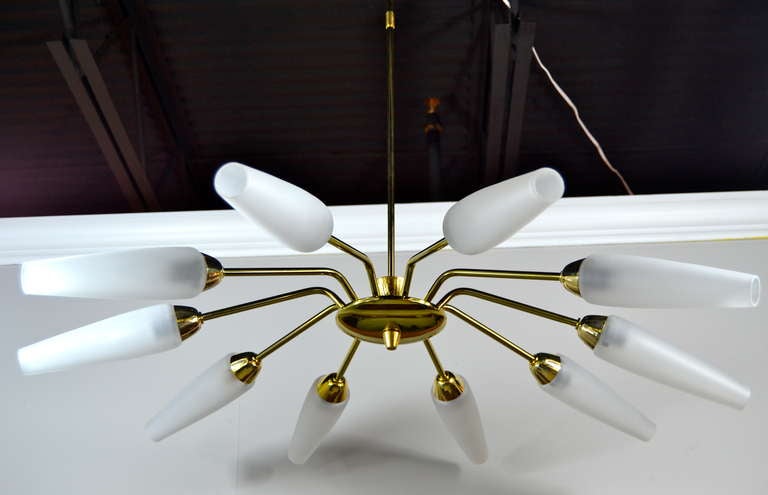 Brass and Frosted Glass Italian Chandelier In Excellent Condition In Westport, CT
