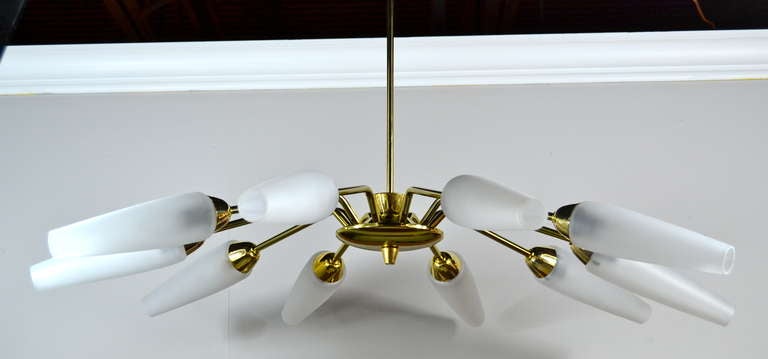 Mid-Century Modern Brass and Frosted Glass Italian Chandelier